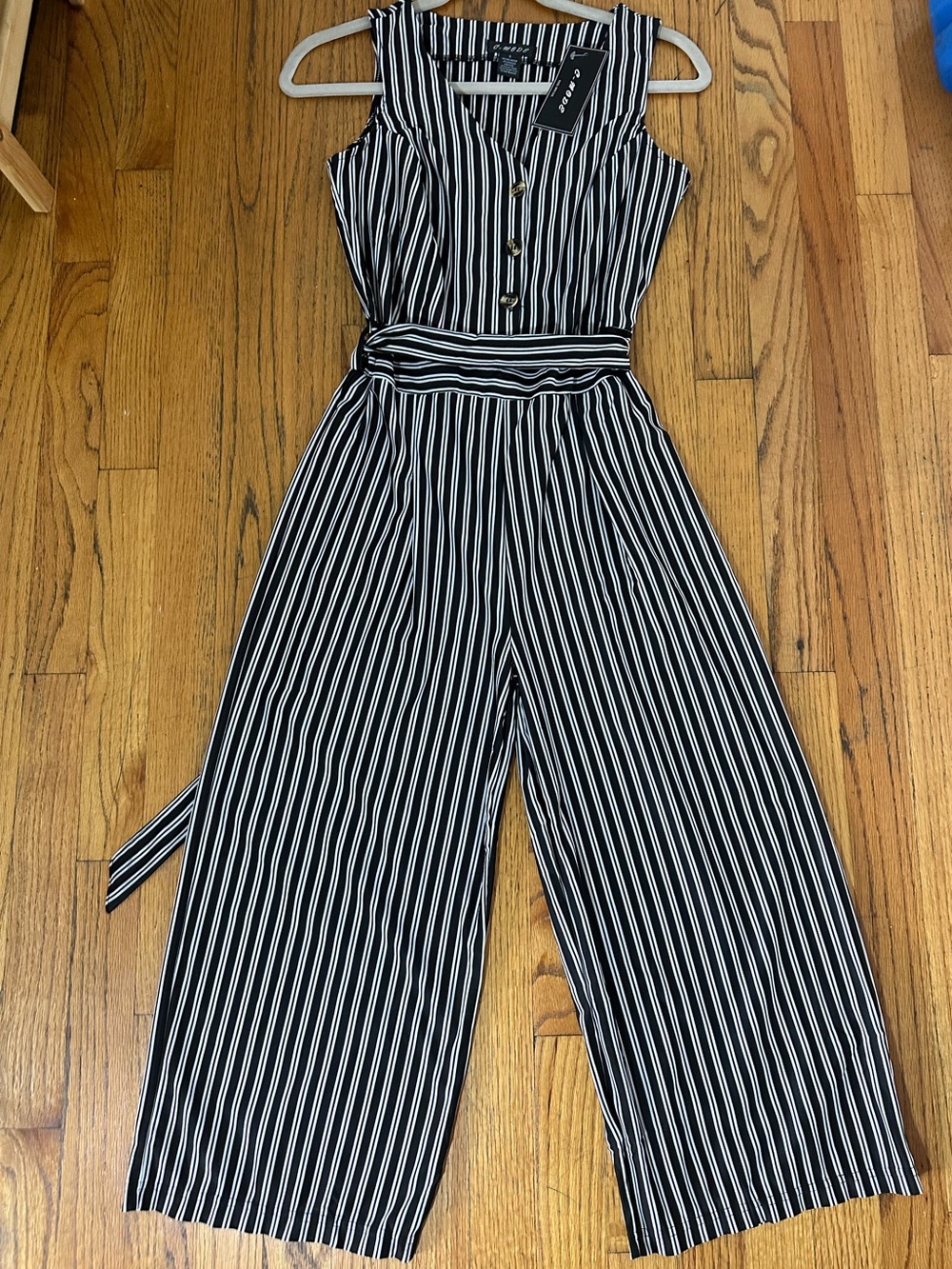 Sleeveless Black & White Striped Wide-Leg Jumpsuit with Tie Belt